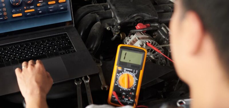 Ein Kfz-Techniker überprüft den Motorraum eines Fahrzeugs mithilfe eines Laptops mit Diagnosesoftware und eines digitalen Multimeters. Der Fokus liegt auf der technischen Analyse und elektronischen Fehlerdiagnose.